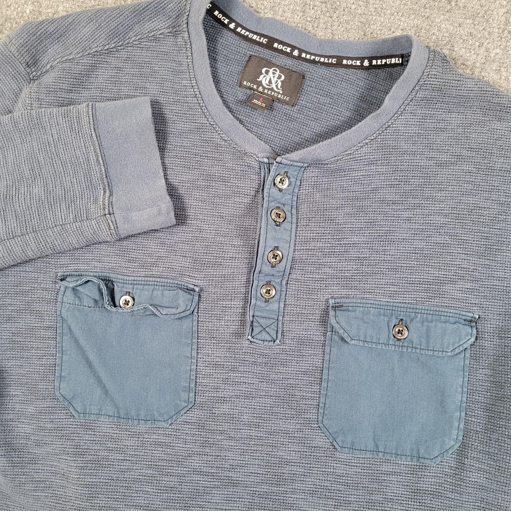 Rock & Republic Shirt Mens Large Blue Henley Waffle Knit Thermal Double Pockets‎